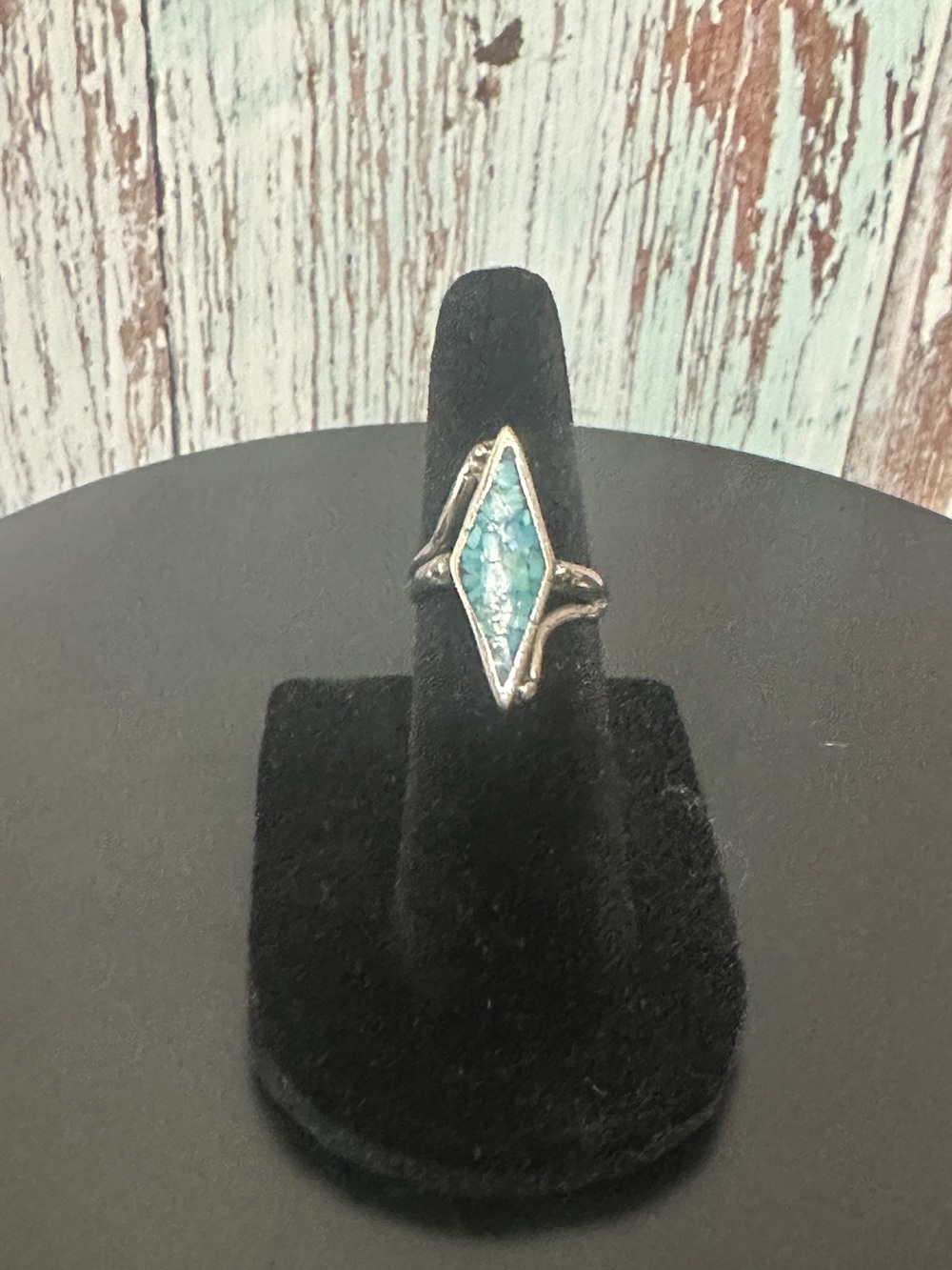Turquoise Inlay Silver Tone Marquise Ring - Teal Blue